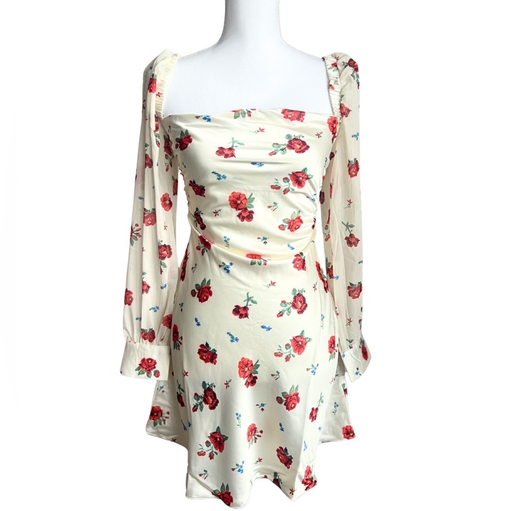 NWT WeWoreWhat Puff Sleeve Cowl Optic White and Floral Mini Dress | Size 0